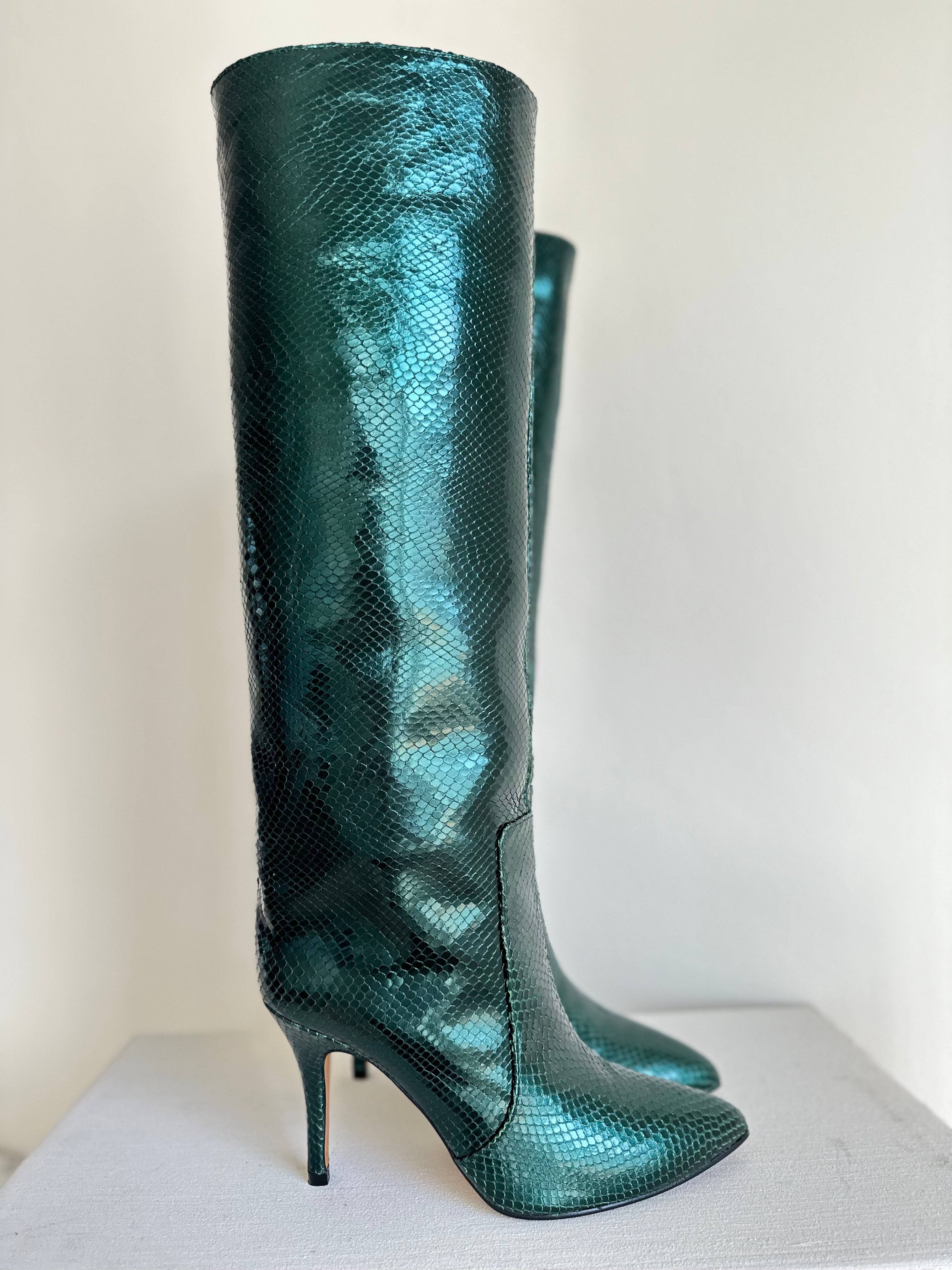 GREEN PYTHON HEEL BOOTS