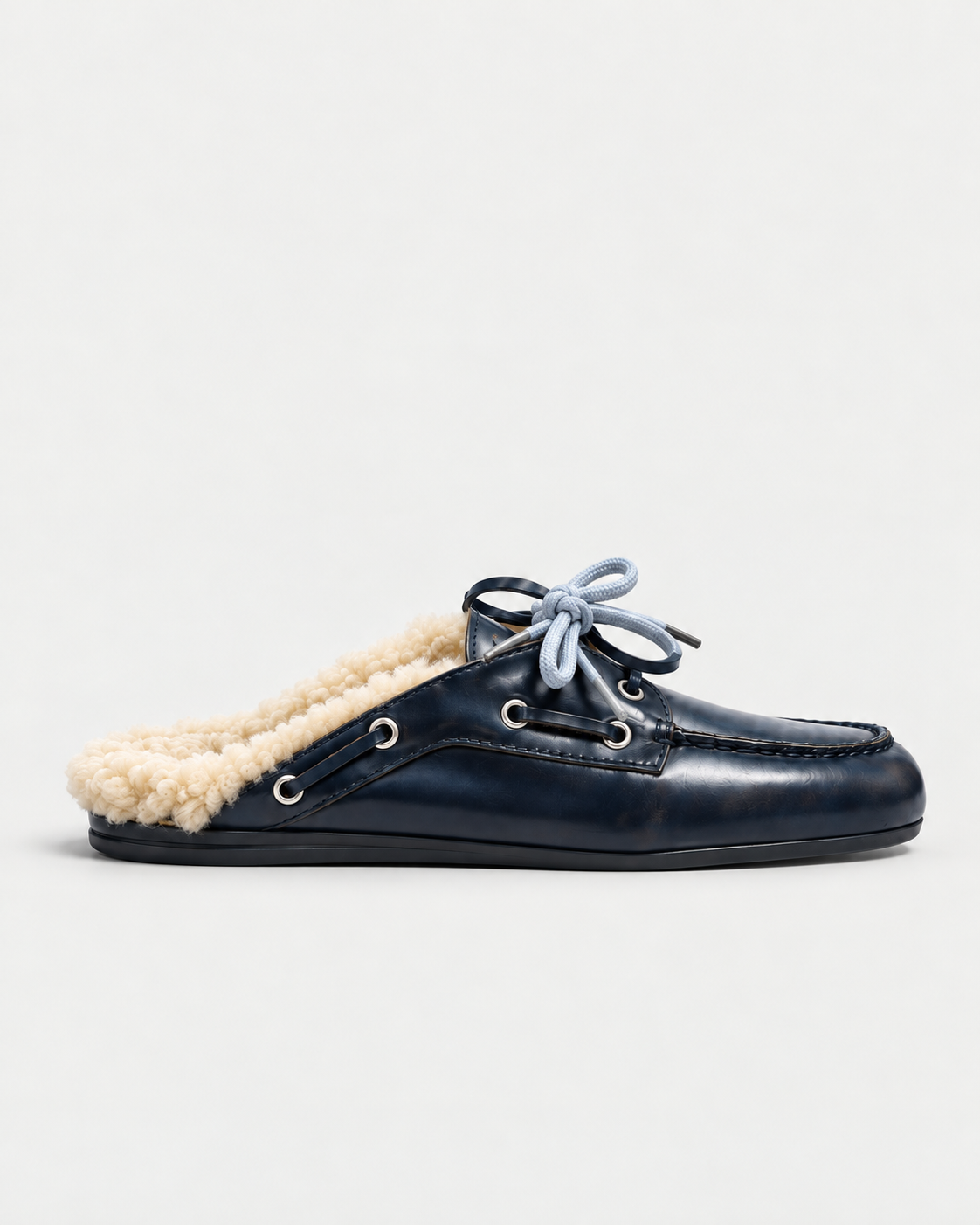Black fur-lined leather mules