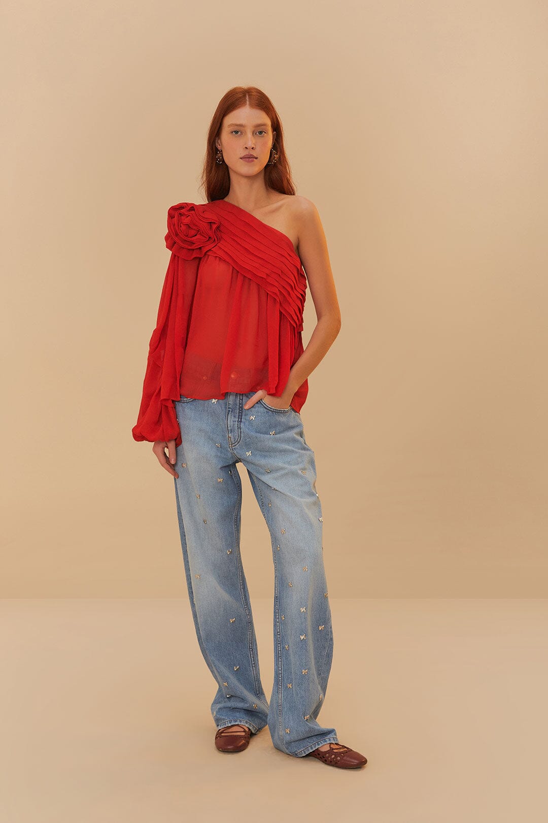 Blouse one shoulder rose rouge