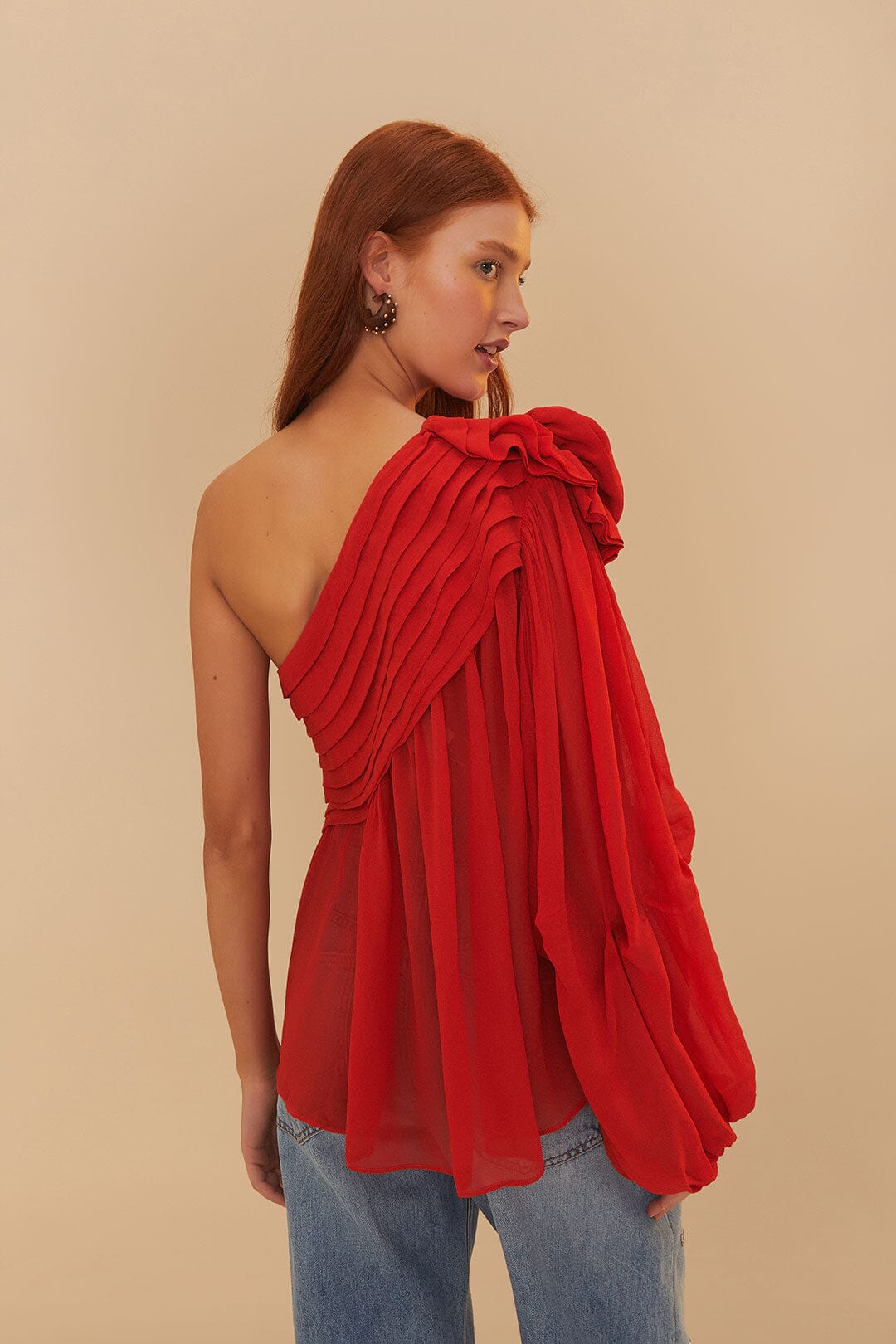 Blouse one shoulder rose rouge