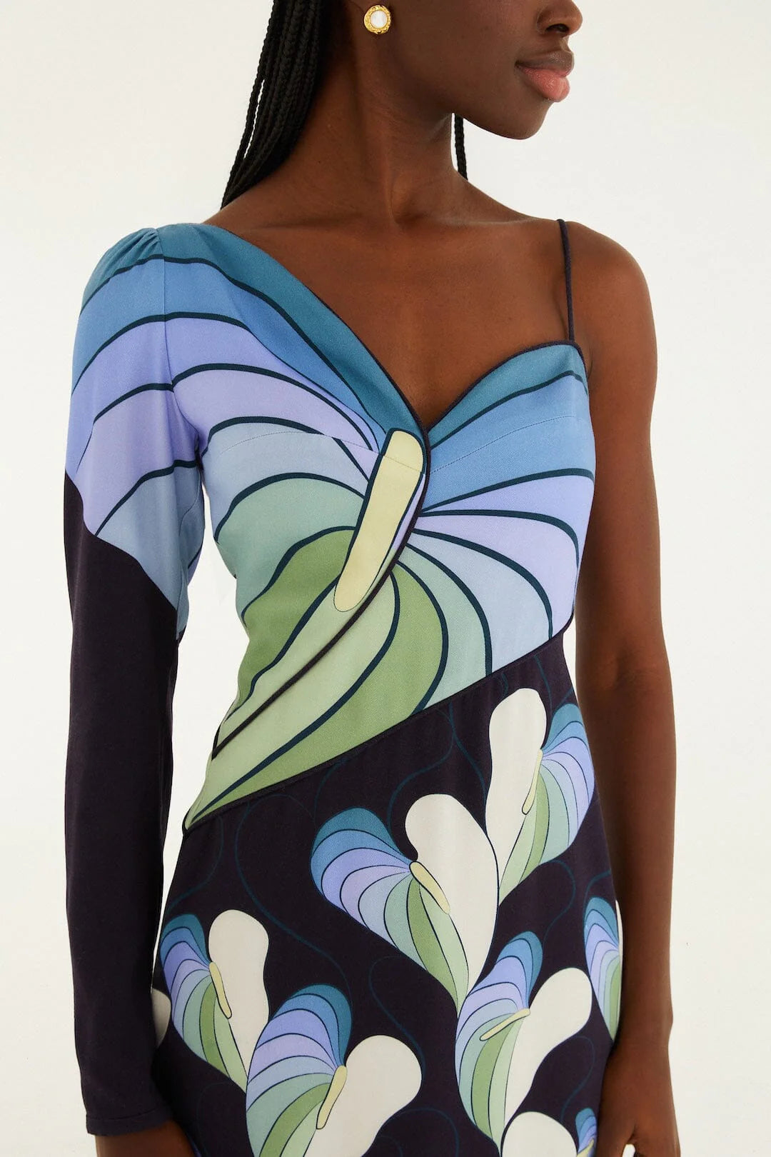 Robe print "Black Lovely Anthurium" one shoulder