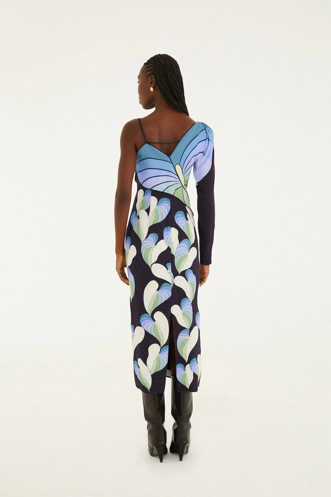 Robe print "Black Lovely Anthurium" one shoulder